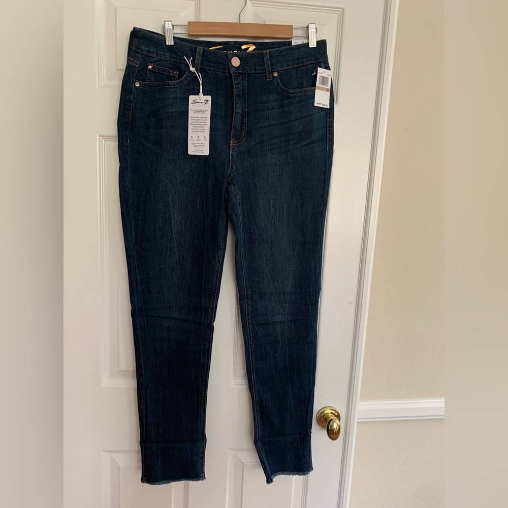 NWT Seven7 Jeans: Blue, High-Rise, Straight, Raw Hem, Gold Hardware, Logo 12